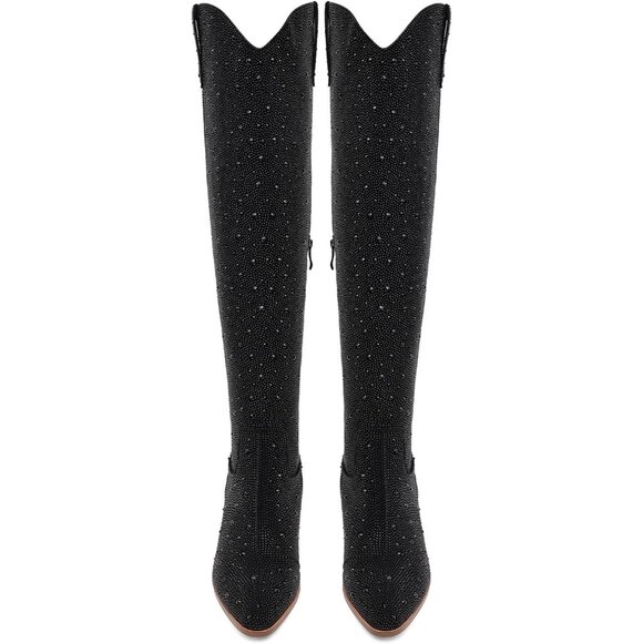 Ronilurn Women Black Rhinestone Pointed Toe Cowgirl Boots Pull On Side Zippers - Picture 3 of 8